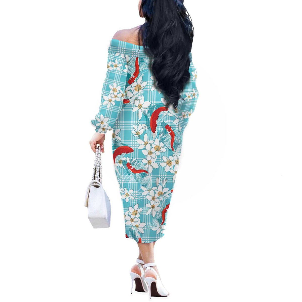 Turquoise Palaka Hawaii Aloha Off The Shoulder Long Sleeve Dress Koi Pond Mix Plumeria LT7 - Polynesian Pride