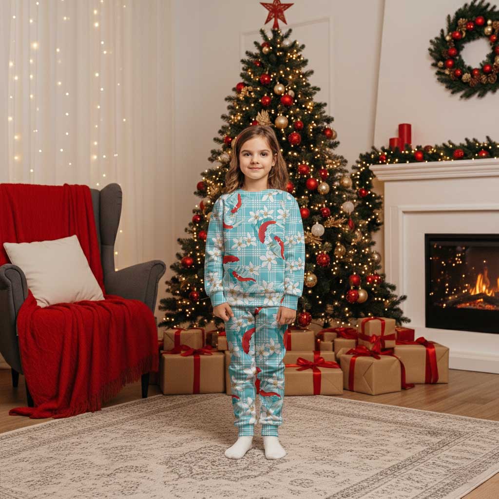 Turquoise Palaka Hawaii Aloha Christmas Pajama Set Koi Pond Mix Plumeria - Polynesian Pride