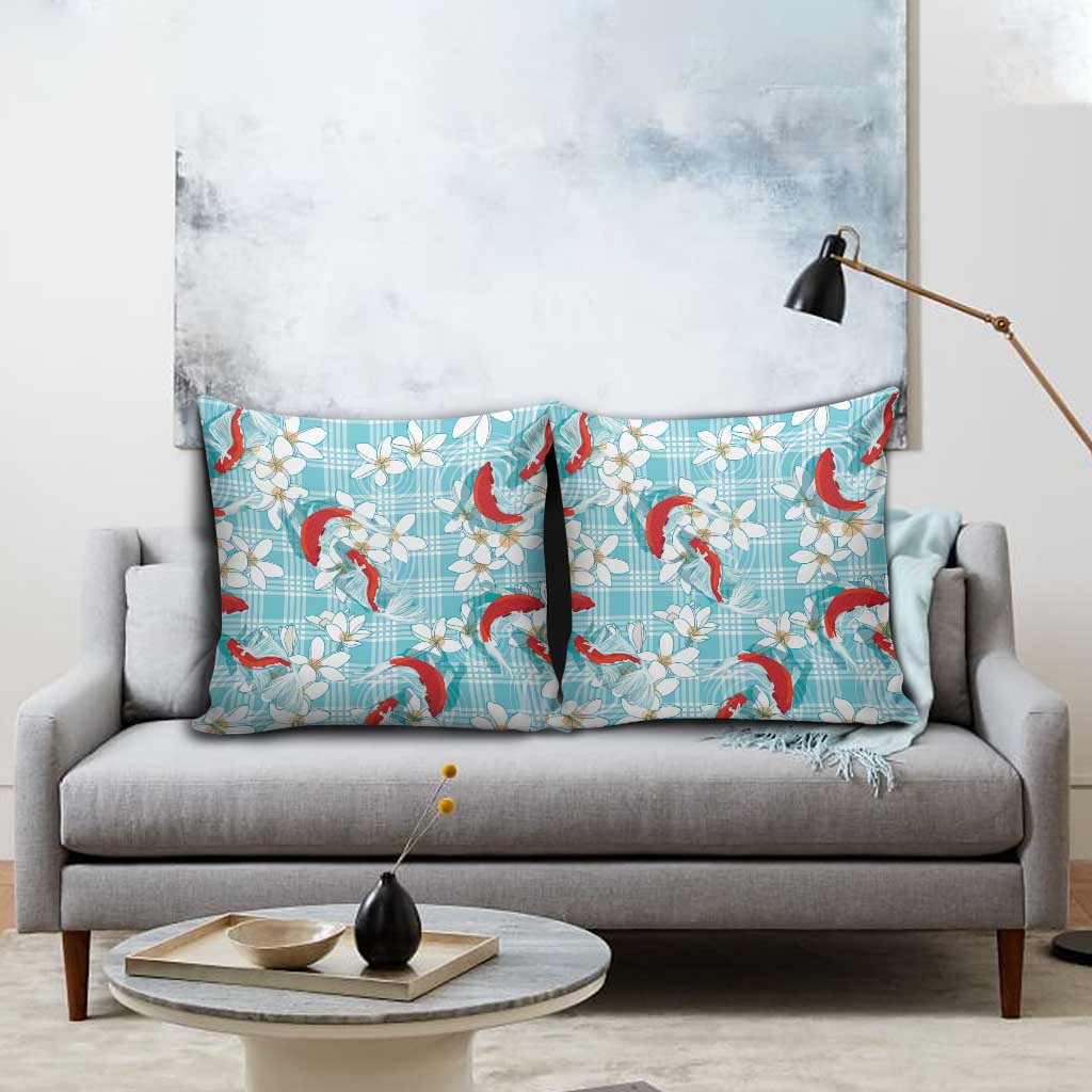 Turquoise Palaka Hawaii Aloha Pillow Cover Koi Pond Mix Plumeria LT7 - Polynesian Pride