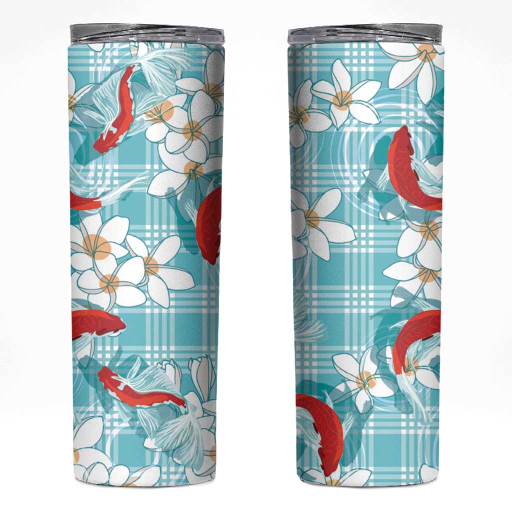 Turquoise Palaka Hawaii Aloha Skinny Tumbler Koi Pond Mix Plumeria LT7 Turquoise - Polynesian Pride