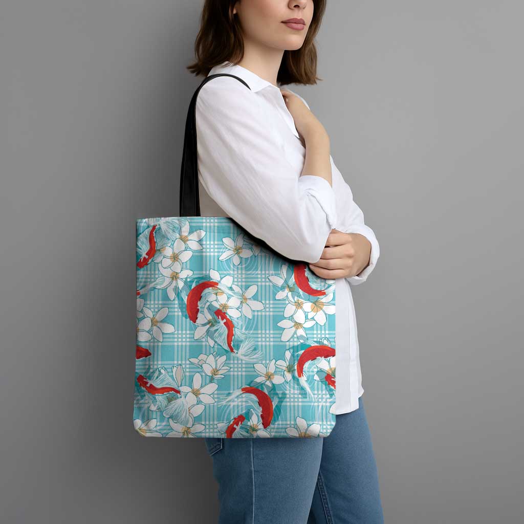 Turquoise Palaka Hawaii Aloha Tote Bag Koi Pond Mix Plumeria - Polynesian Pride