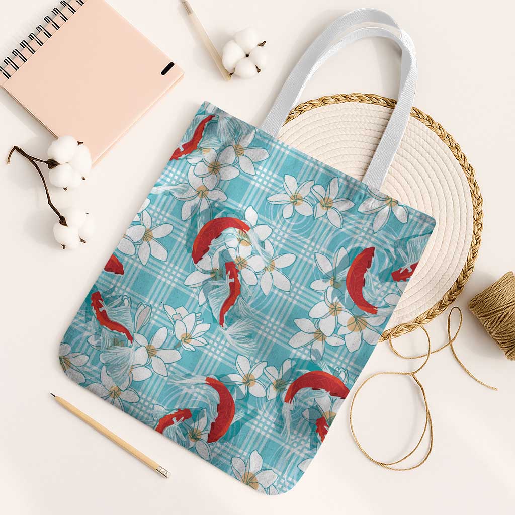 Turquoise Palaka Hawaii Aloha Tote Bag Koi Pond Mix Plumeria - Polynesian Pride