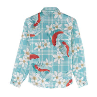 Turquoise Palaka Hawaii Aloha Women Casual Shirt Koi Pond Mix Plumeria - Polynesian Pride