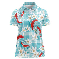 Turquoise Palaka Hawaii Aloha Women Polo Shirt Koi Pond Mix Plumeria - Polynesian Pride
