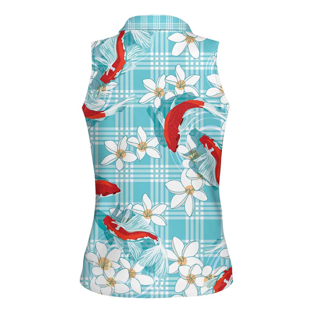 Turquoise Palaka Hawaii Aloha Women Sleeveless Polo Shirt Koi Pond Mix Plumeria LT7 - Polynesian Pride