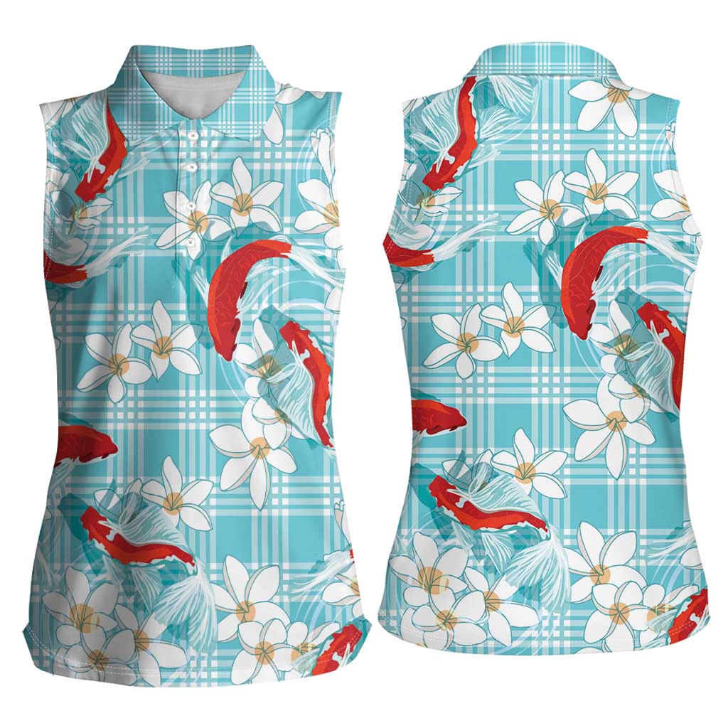 Turquoise Palaka Hawaii Aloha Women Sleeveless Polo Shirt Koi Pond Mix Plumeria LT7 - Polynesian Pride
