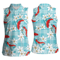 Turquoise Palaka Hawaii Aloha Women Sleeveless Polo Shirt Koi Pond Mix Plumeria LT7 - Polynesian Pride