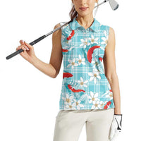 Turquoise Palaka Hawaii Aloha Women Sleeveless Polo Shirt Koi Pond Mix Plumeria LT7 - Polynesian Pride