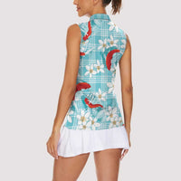 Turquoise Palaka Hawaii Aloha Women Sleeveless Polo Shirt Koi Pond Mix Plumeria LT7 - Polynesian Pride