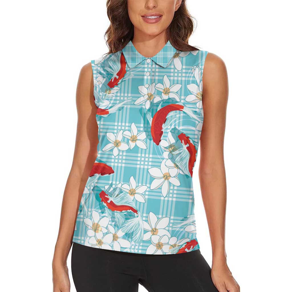 Turquoise Palaka Hawaii Aloha Women Sleeveless Polo Shirt Koi Pond Mix Plumeria LT7 - Polynesian Pride
