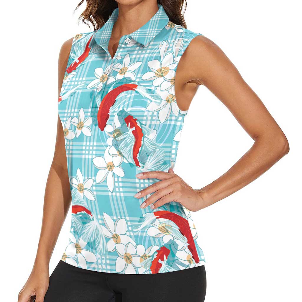 Turquoise Palaka Hawaii Aloha Women Sleeveless Polo Shirt Koi Pond Mix Plumeria LT7 - Polynesian Pride