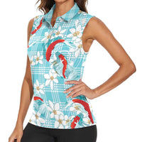 Turquoise Palaka Hawaii Aloha Women Sleeveless Polo Shirt Koi Pond Mix Plumeria LT7 - Polynesian Pride