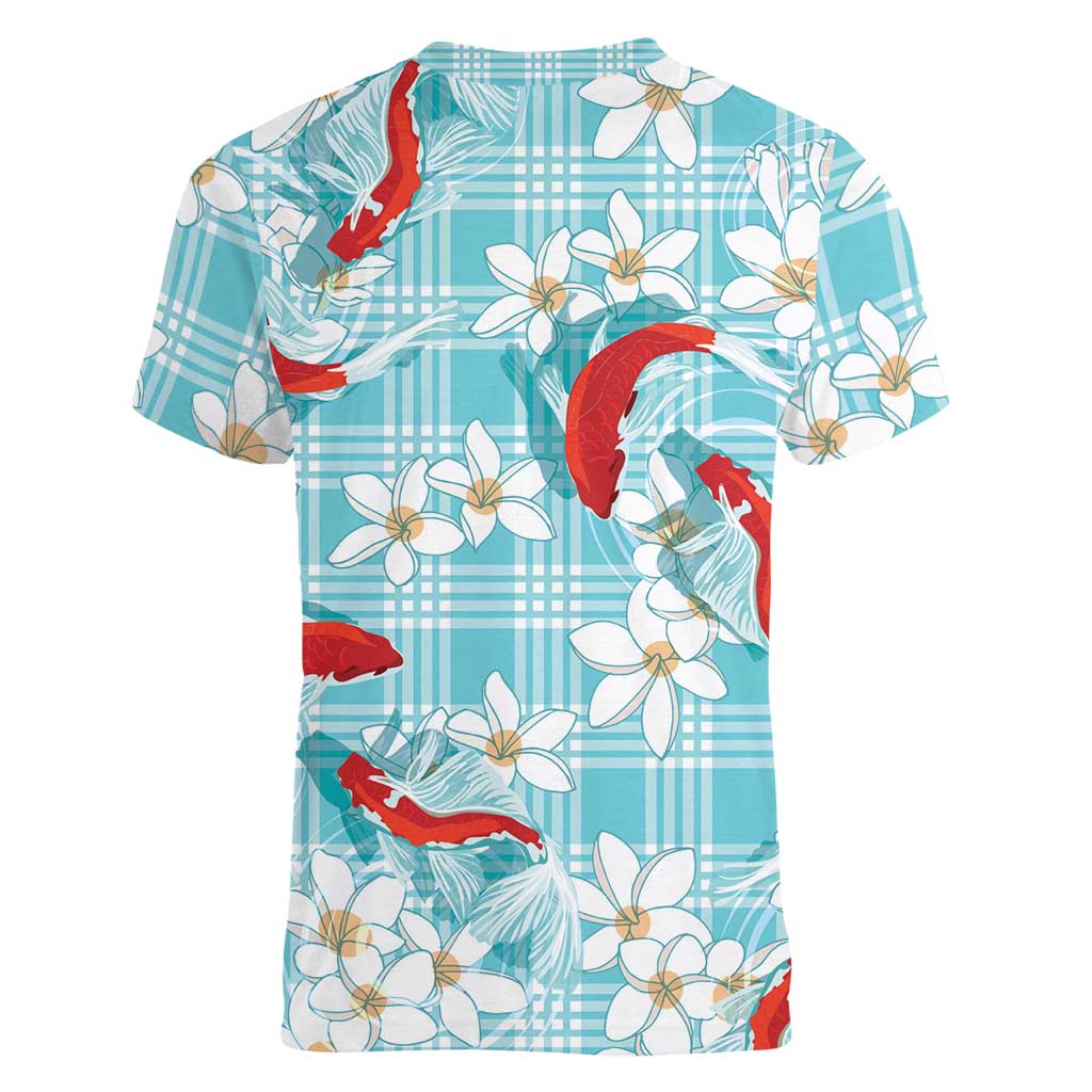 Turquoise Palaka Hawaii Aloha Women V-Neck T-Shirt Koi Pond Mix Plumeria LT7 - Polynesian Pride