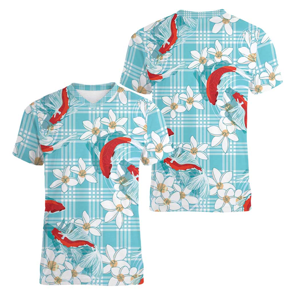 Turquoise Palaka Hawaii Aloha Women V-Neck T-Shirt Koi Pond Mix Plumeria LT7 - Polynesian Pride