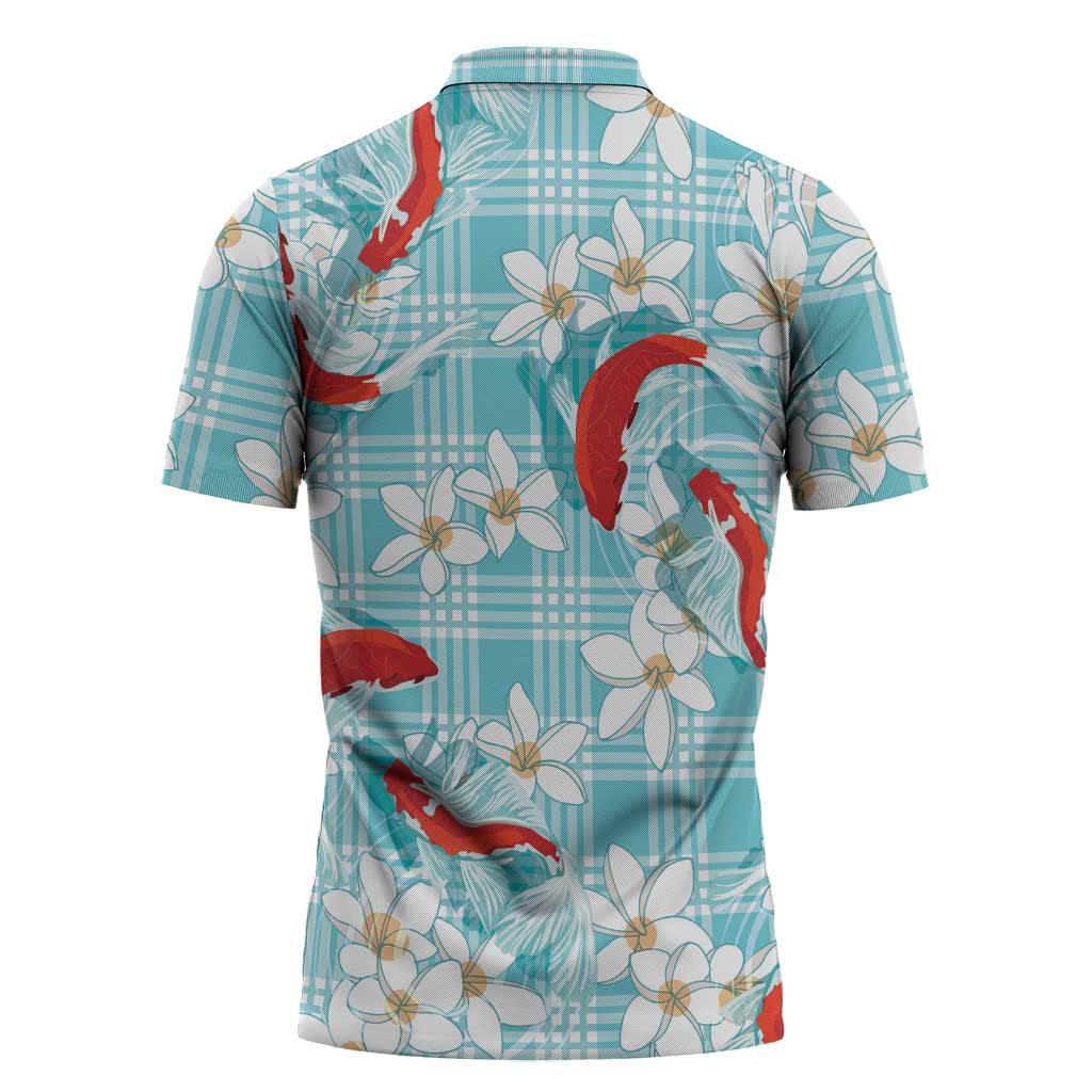 Turquoise Palaka Hawaii Aloha Zipper Polo Shirt Koi Pond Mix Plumeria - Polynesian Pride