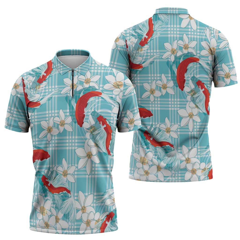 Turquoise Palaka Hawaii Aloha Zipper Polo Shirt Koi Pond Mix Plumeria - Polynesian Pride