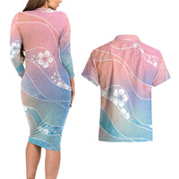 Aloha Hawaii Floral Tapa Couples Matching Long Sleeve Bodycon Dress and Hawaiian Shirt Patchwork Pastel Candy - Polynesian Pride