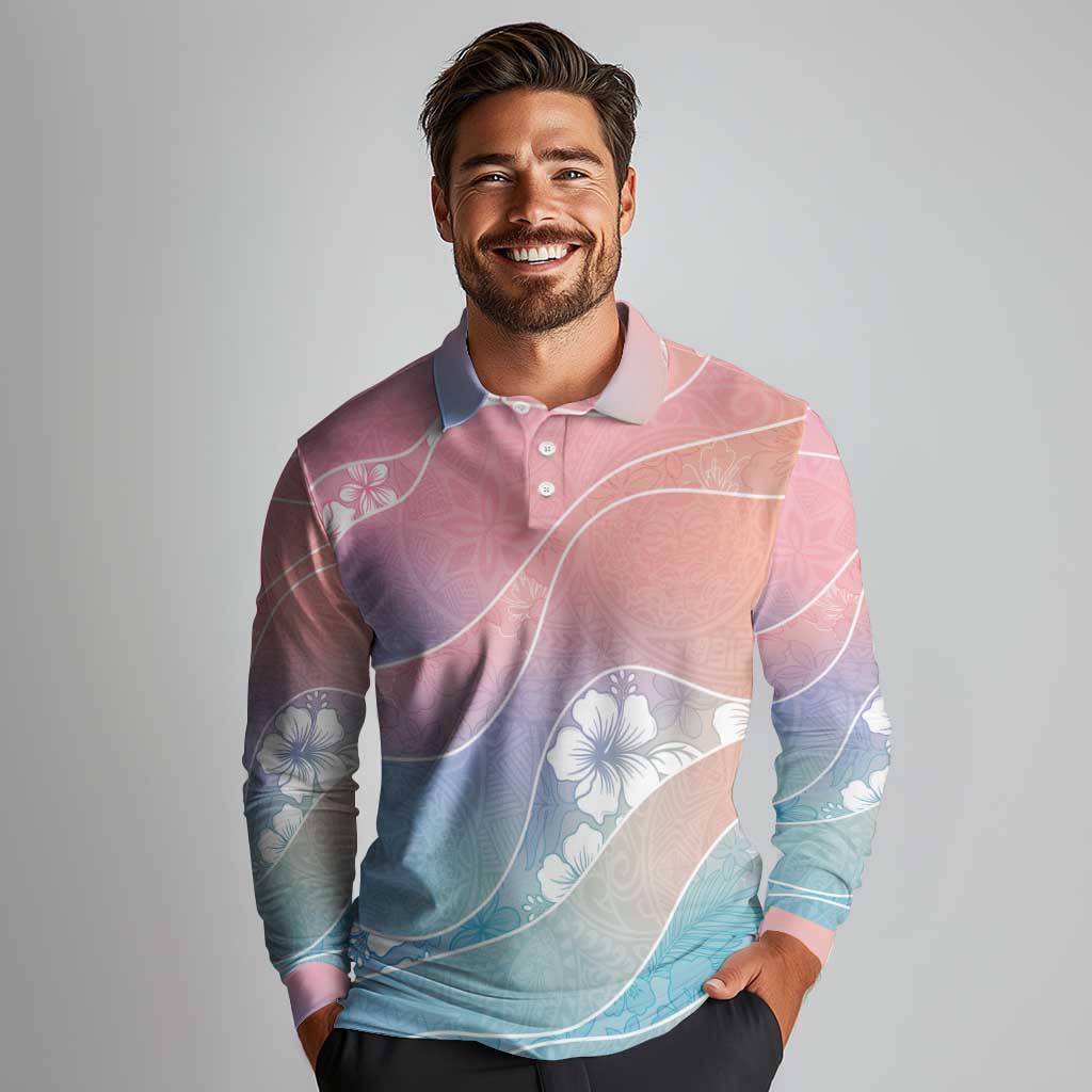 Aloha Hawaii Floral Tapa Long Sleeve Polo Shirt Patchwork Pastel Candy - Polynesian Pride