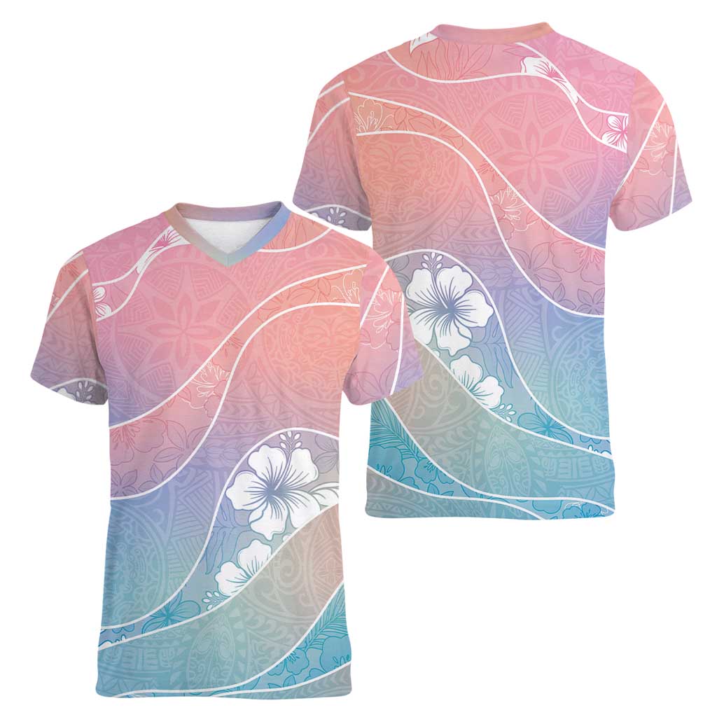 Aloha Hawaii Floral Tapa Women V-Neck T-Shirt Patchwork Pastel Candy - Polynesian Pride