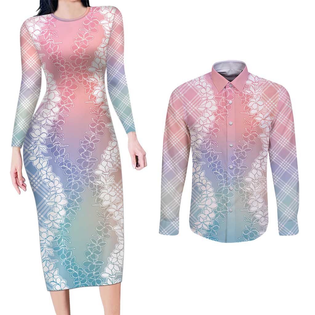 Hawaii Aloha Plumeria Lei Pastel Candy Palaka Couples Matching Long Sleeve Bodycon Dress and Long Sleeve Button Shirt LT7 Pastel - Polynesian Pride