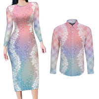 Hawaii Aloha Plumeria Lei Pastel Candy Palaka Couples Matching Long Sleeve Bodycon Dress and Long Sleeve Button Shirt LT7 Pastel - Polynesian Pride
