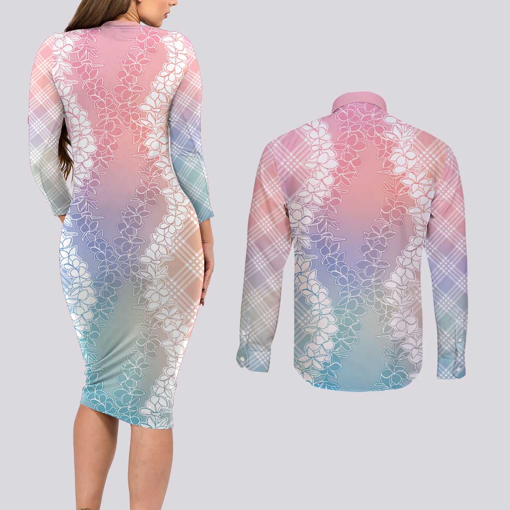 Hawaii Aloha Plumeria Lei Pastel Candy Palaka Couples Matching Long Sleeve Bodycon Dress and Long Sleeve Button Shirt LT7 - Polynesian Pride