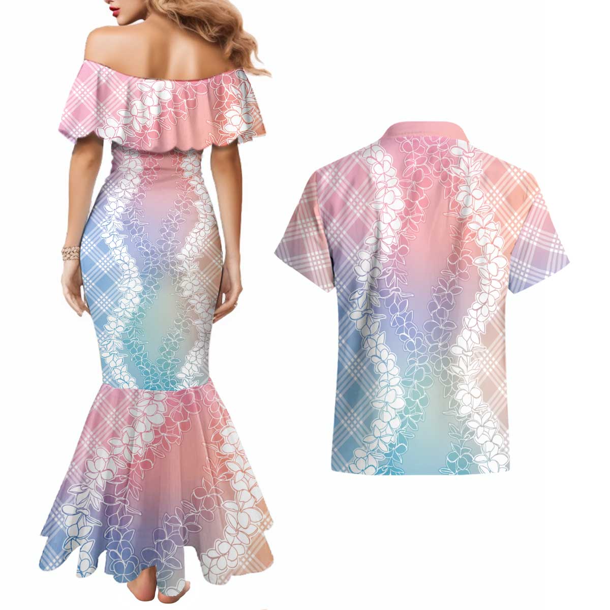 Hawaii Aloha Plumeria Lei Pastel Candy Palaka Couples Matching Mermaid Dress and Hawaiian Shirt LT7 - Polynesian Pride