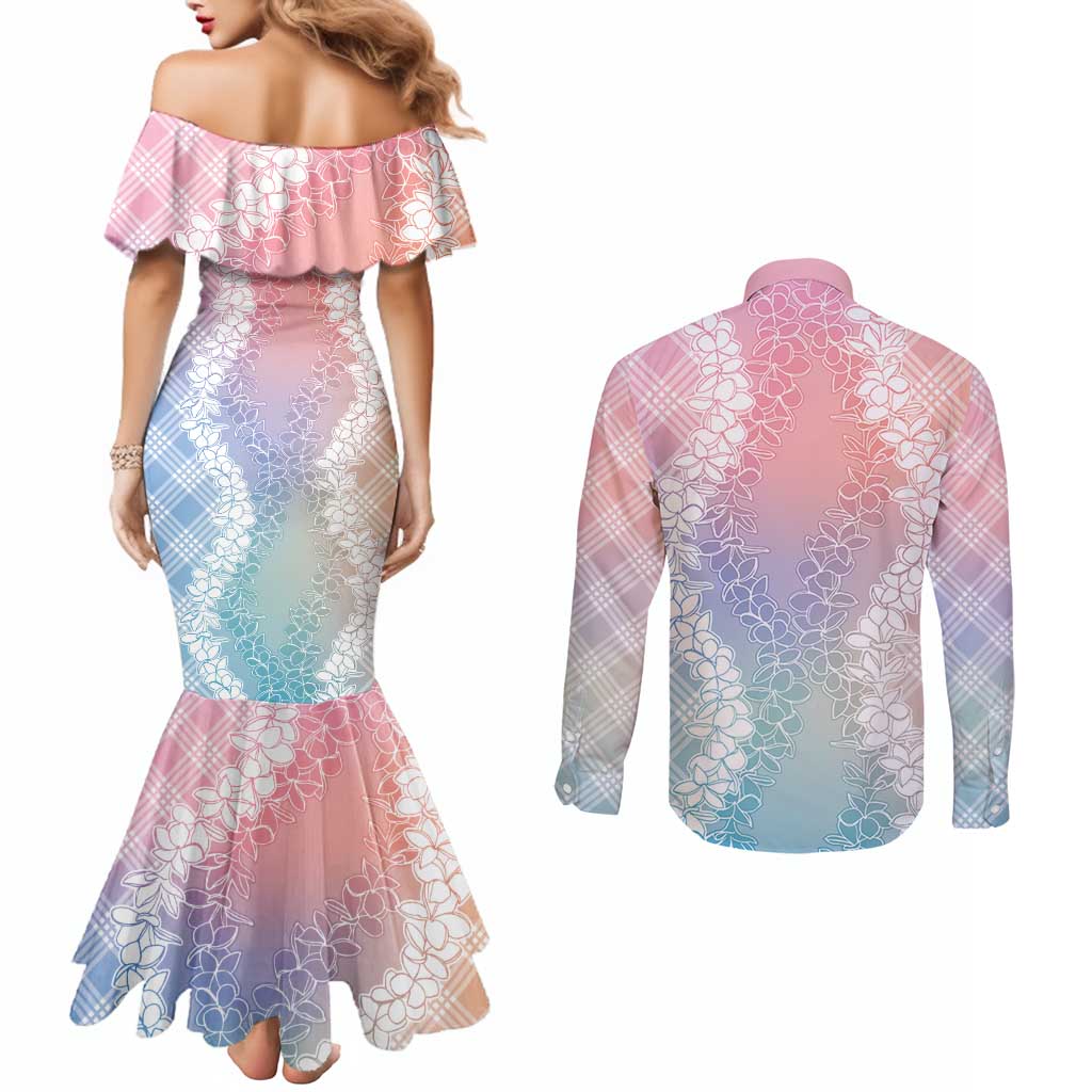 Hawaii Aloha Plumeria Lei Pastel Candy Palaka Couples Matching Mermaid Dress and Long Sleeve Button Shirt LT7 - Polynesian Pride