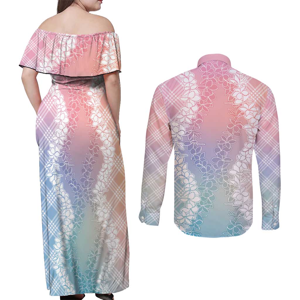 Hawaii Aloha Plumeria Lei Pastel Candy Palaka Couples Matching Off Shoulder Maxi Dress and Long Sleeve Button Shirt LT7 - Polynesian Pride