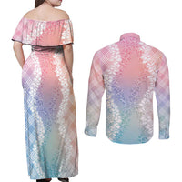 Hawaii Aloha Plumeria Lei Pastel Candy Palaka Couples Matching Off Shoulder Maxi Dress and Long Sleeve Button Shirt LT7 - Polynesian Pride