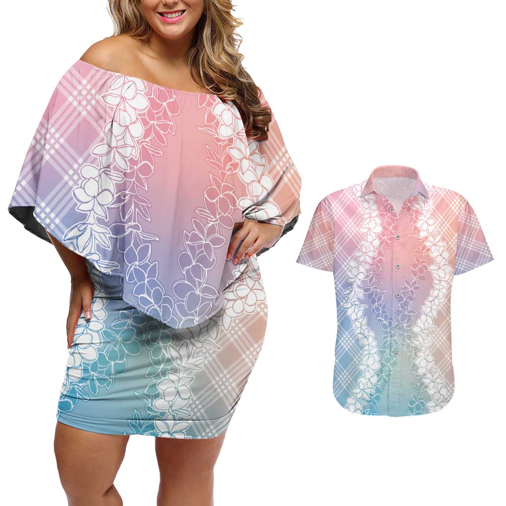 Hawaii Aloha Plumeria Lei Pastel Candy Palaka Couples Matching Off Shoulder Short Dress and Hawaiian Shirt LT7 Pastel - Polynesian Pride