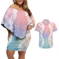 Hawaii Aloha Plumeria Lei Pastel Candy Palaka Couples Matching Off Shoulder Short Dress and Hawaiian Shirt LT7 Pastel - Polynesian Pride