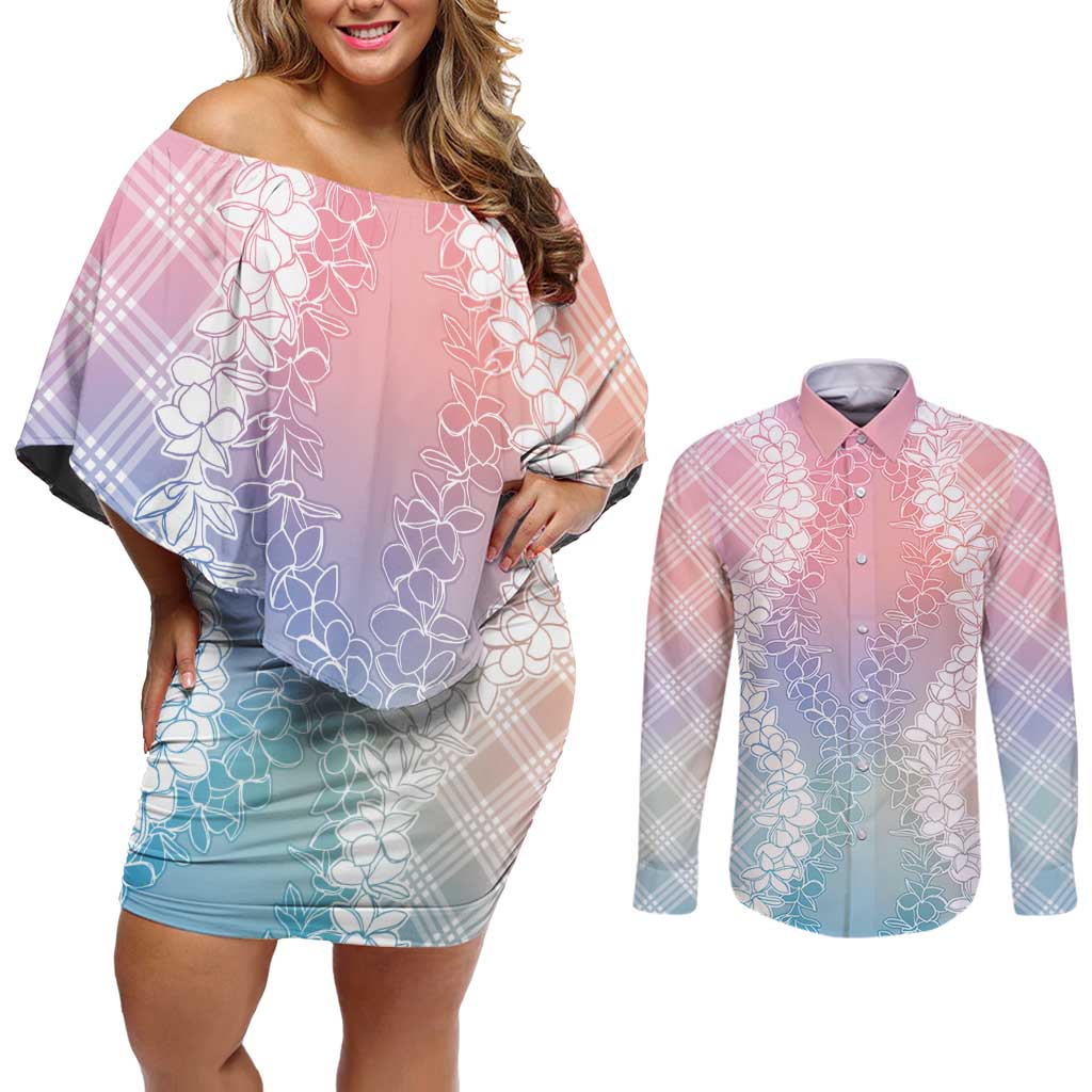 Hawaii Aloha Plumeria Lei Pastel Candy Palaka Couples Matching Off Shoulder Short Dress and Long Sleeve Button Shirt LT7 Pastel - Polynesian Pride