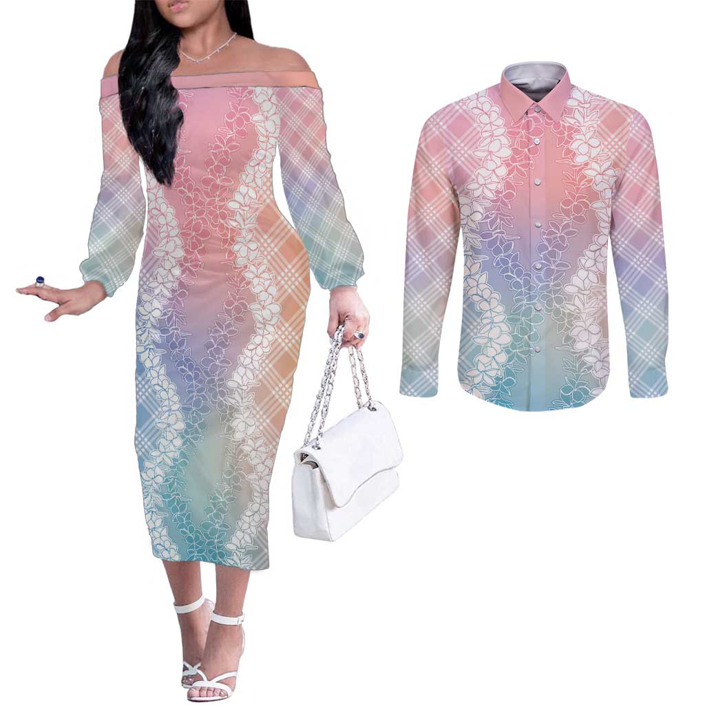 Hawaii Aloha Plumeria Lei Pastel Candy Palaka Couples Matching Off The Shoulder Long Sleeve Dress and Long Sleeve Button Shirt LT7 Pastel - Polynesian Pride