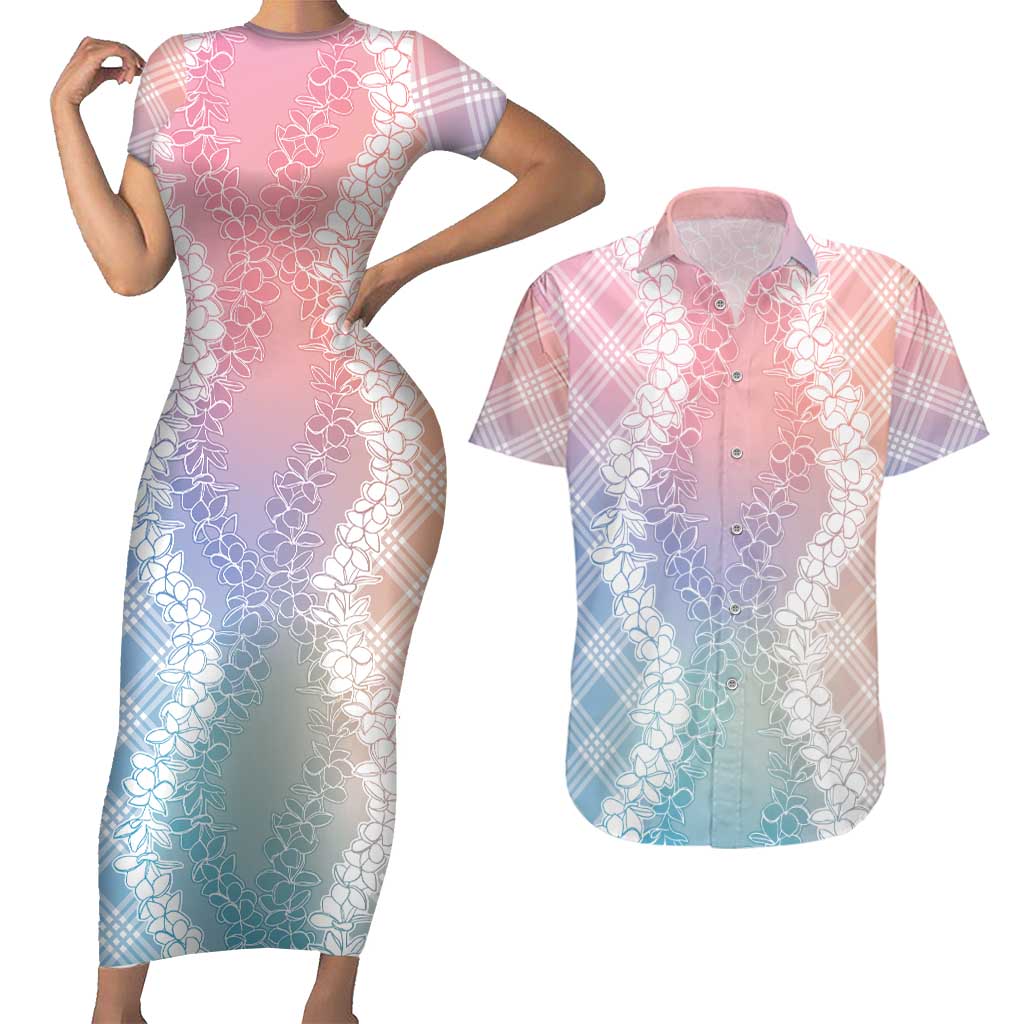Hawaii Aloha Plumeria Lei Pastel Candy Palaka Couples Matching Short Sleeve Bodycon Dress and Hawaiian Shirt LT7 Pastel - Polynesian Pride