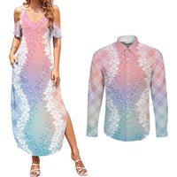 Hawaii Aloha Plumeria Lei Pastel Candy Palaka Couples Matching Summer Maxi Dress and Long Sleeve Button Shirt - Polynesian Pride