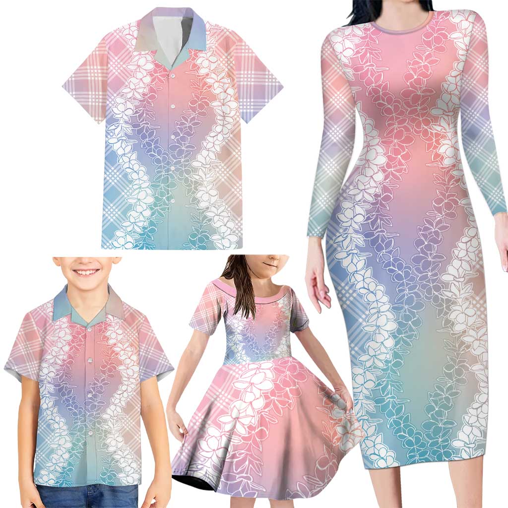 Hawaii Aloha Plumeria Lei Pastel Candy Palaka Family Matching Long Sleeve Bodycon Dress and Hawaiian Shirt - Polynesian Pride