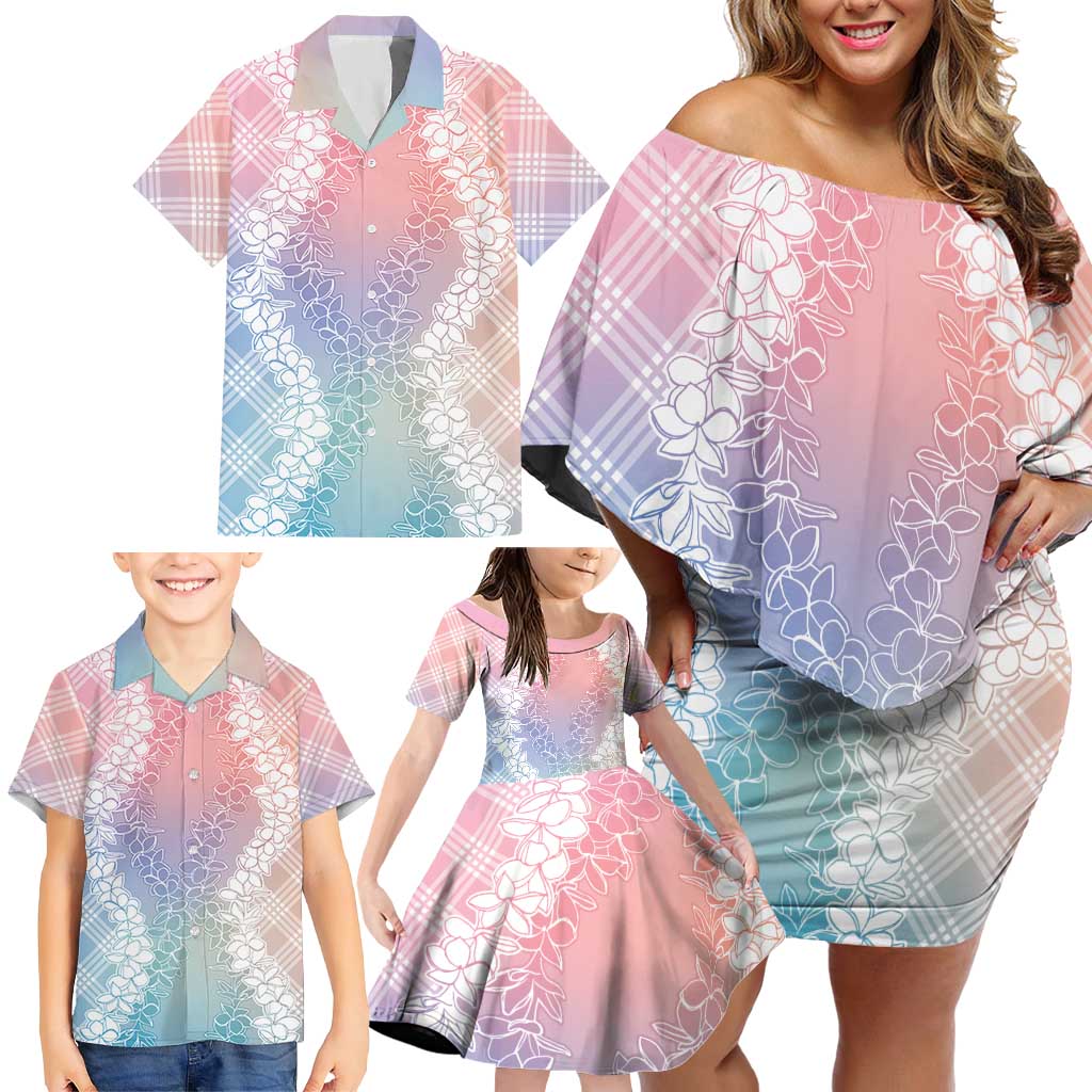 Hawaii Aloha Plumeria Lei Pastel Candy Palaka Family Matching Off Shoulder Short Dress and Hawaiian Shirt LT7 - Polynesian Pride