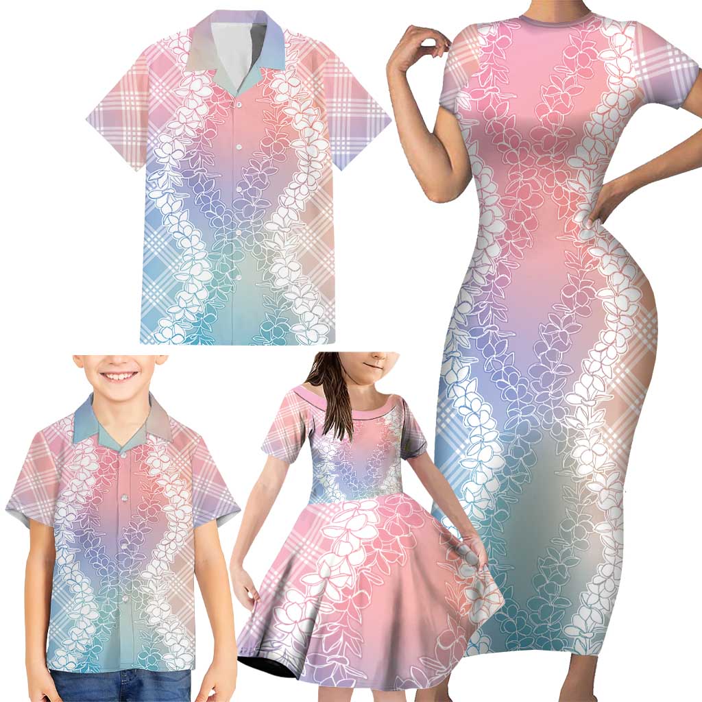 Hawaii Aloha Plumeria Lei Pastel Candy Palaka Family Matching Short Sleeve Bodycon Dress and Hawaiian Shirt - Polynesian Pride