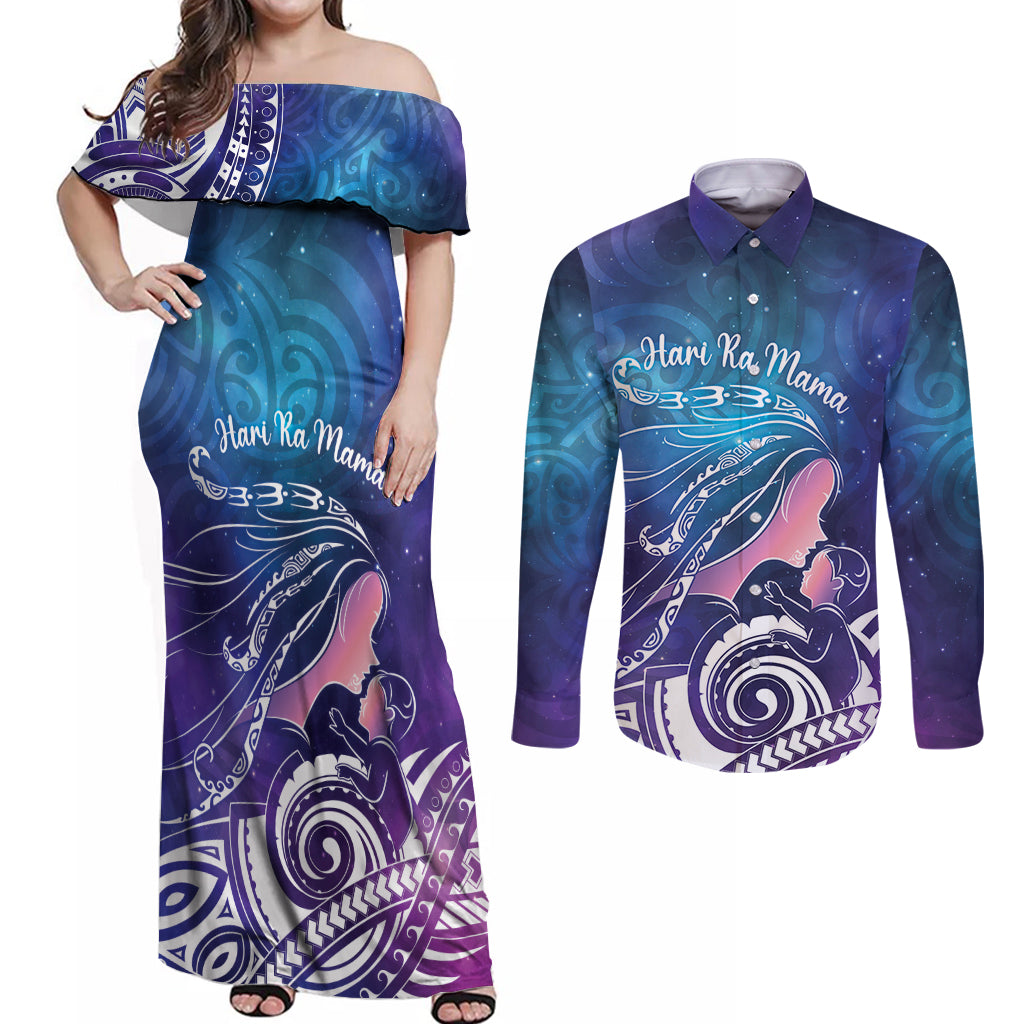 New Zealand Mother's Day Couples Matching Off Shoulder Maxi Dress and Long Sleeve Button Shirt Maori Hari Ra Mama LT7 Galaxy - Polynesian Pride