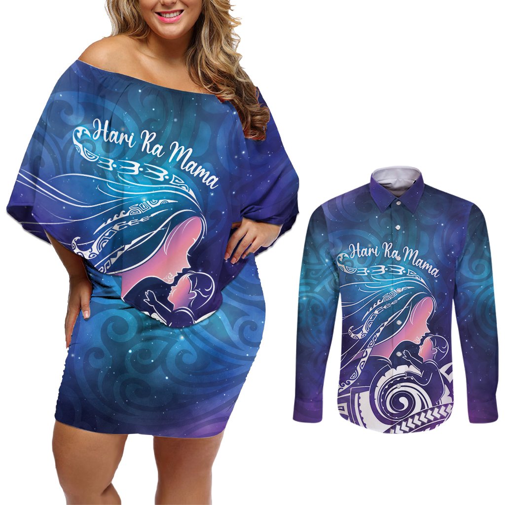 New Zealand Mother's Day Couples Matching Off Shoulder Short Dress and Long Sleeve Button Shirt Maori Hari Ra Mama LT7 Galaxy - Polynesian Pride
