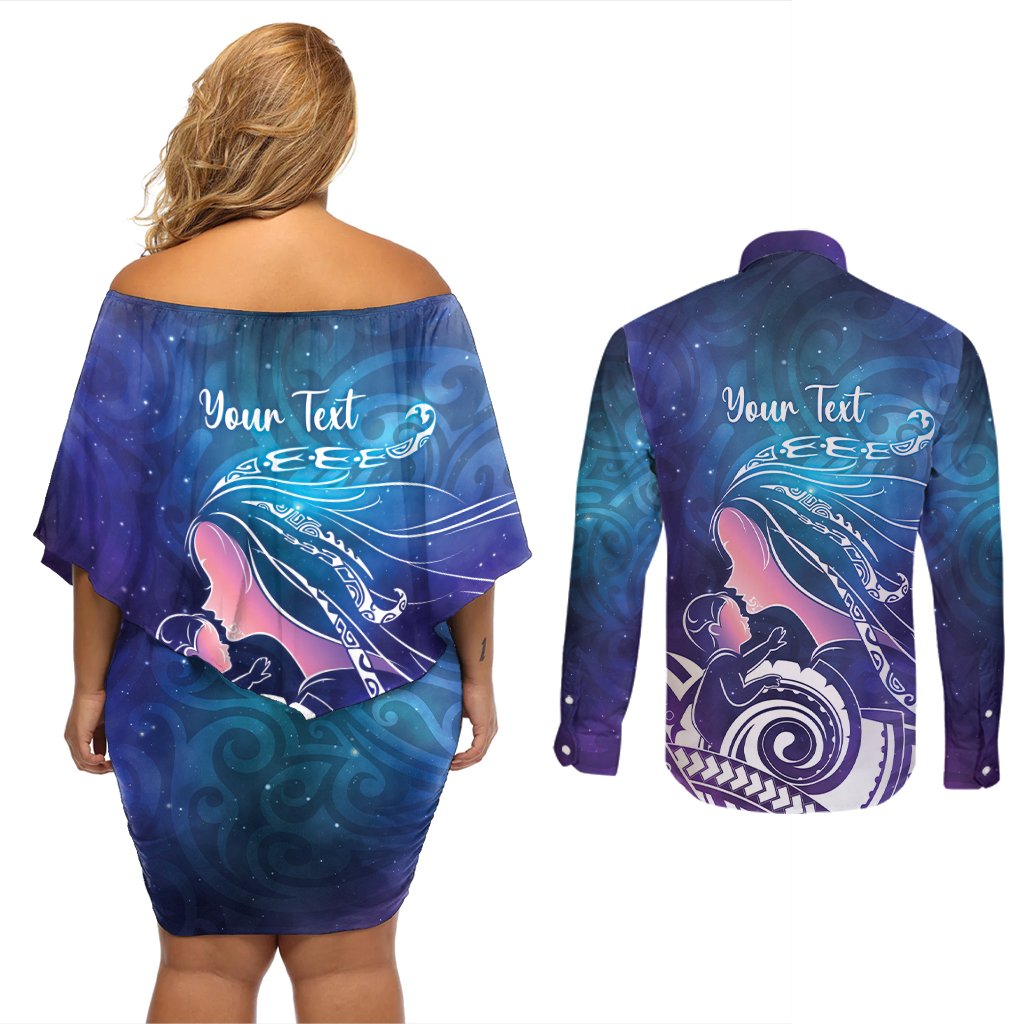New Zealand Mother's Day Couples Matching Off Shoulder Short Dress and Long Sleeve Button Shirt Maori Hari Ra Mama LT7 - Polynesian Pride