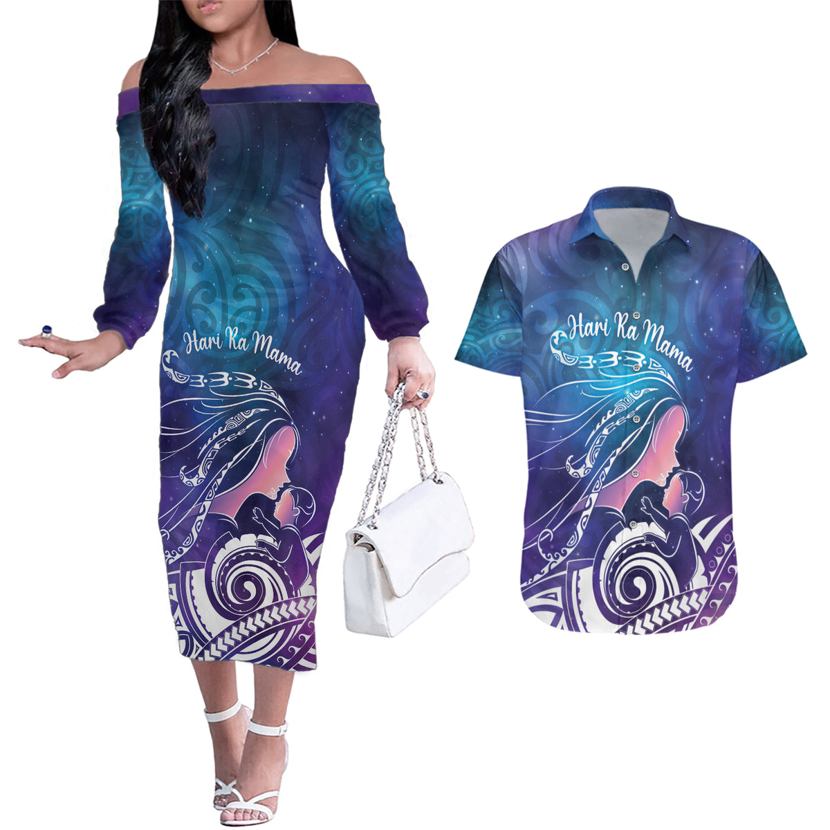 New Zealand Mother's Day Couples Matching Off The Shoulder Long Sleeve Dress and Hawaiian Shirt Maori Hari Ra Mama LT7 Galaxy - Polynesian Pride