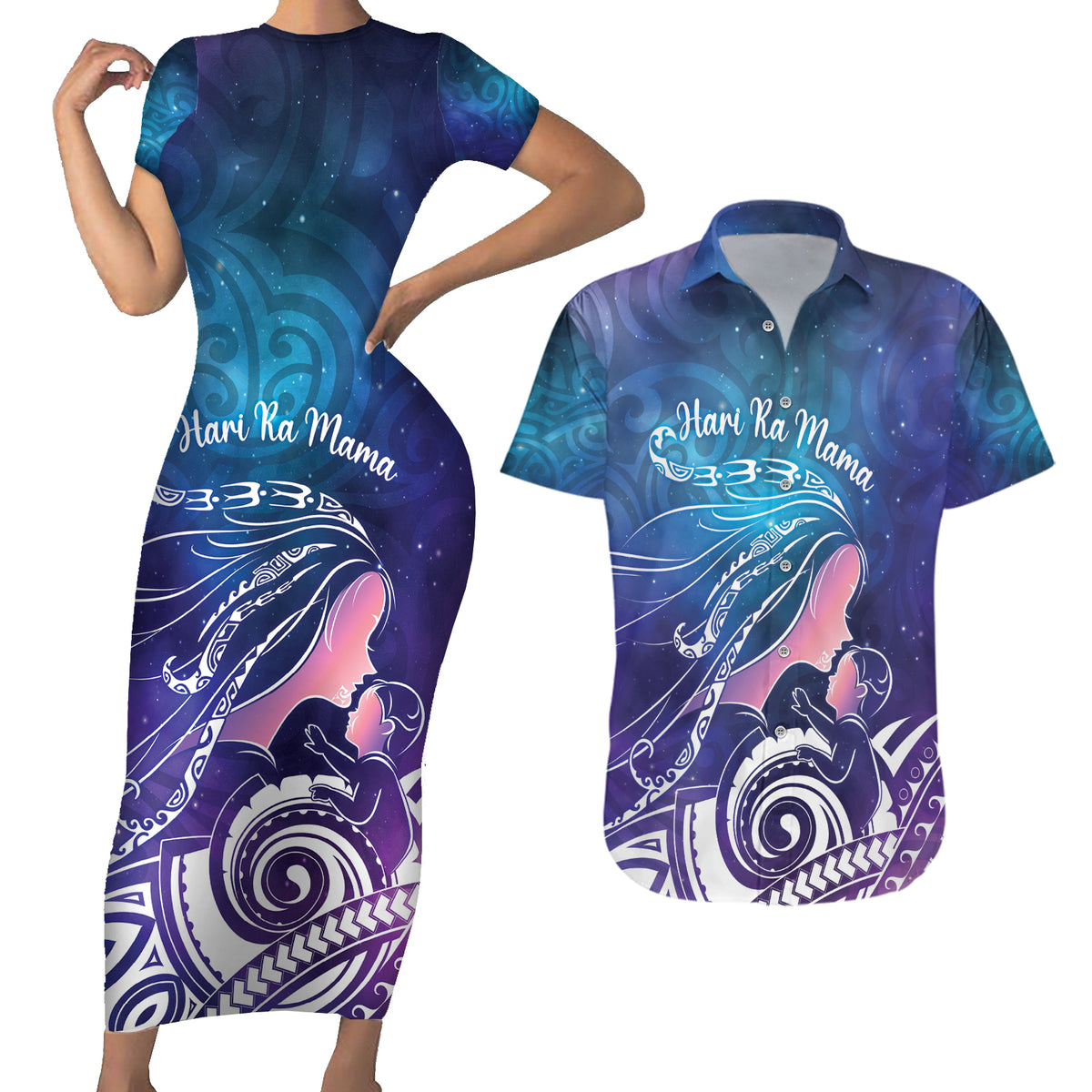 New Zealand Mother's Day Couples Matching Short Sleeve Bodycon Dress and Hawaiian Shirt Maori Hari Ra Mama LT7 Galaxy - Polynesian Pride