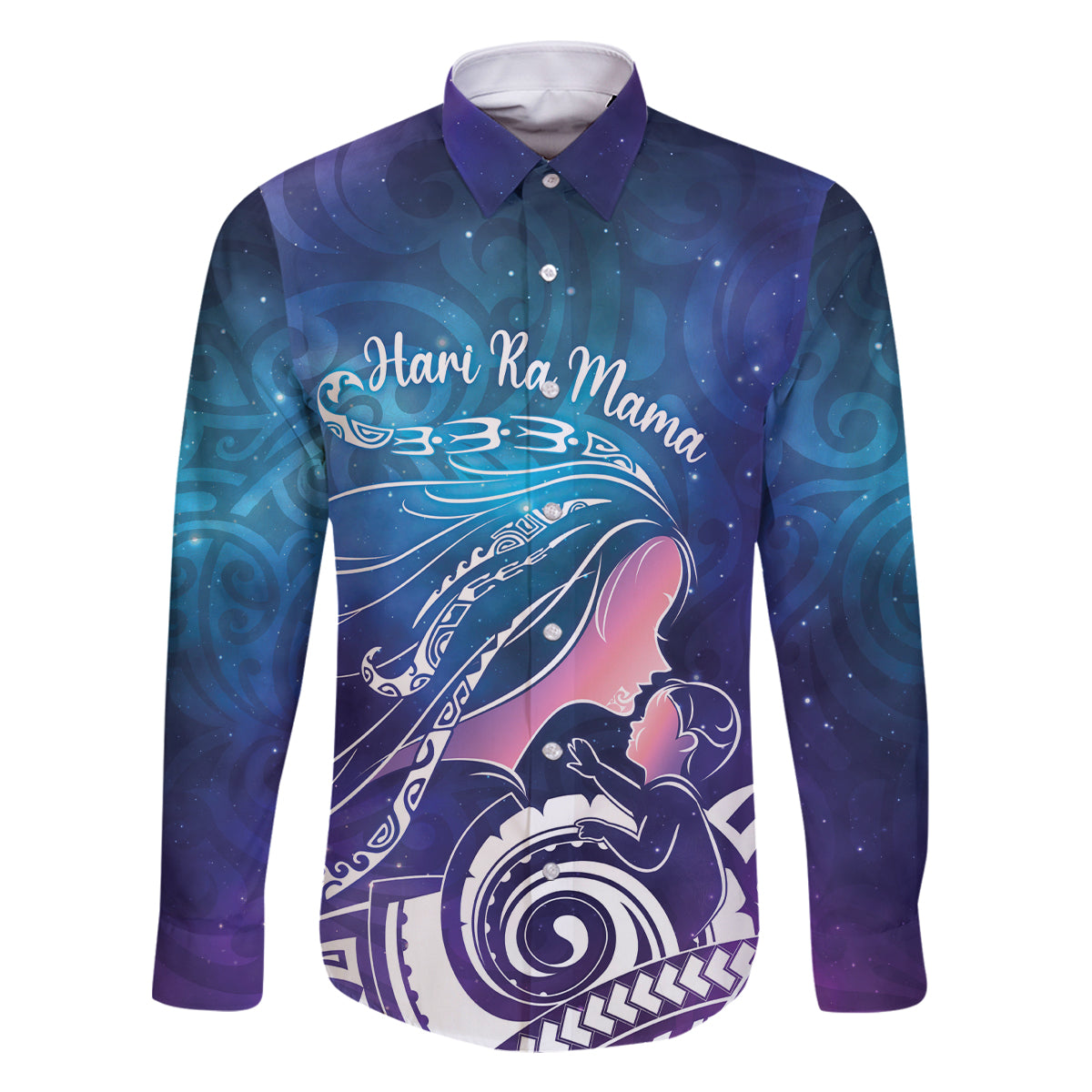 New Zealand Mother's Day Family Matching Tank Maxi Dress and Hawaiian Shirt Maori Hari Ra Mama LT7 Dad's Shirt - Long Sleeve Galaxy - Polynesian Pride
