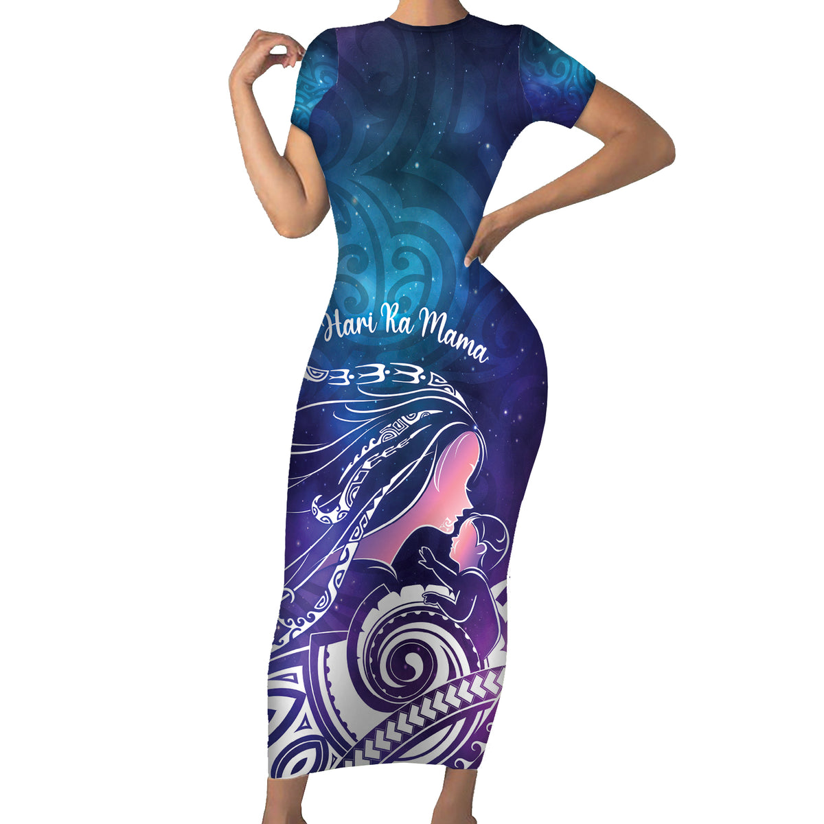 New Zealand Mother's Day Short Sleeve Bodycon Dress Maori Hari Ra Mama LT7 Long Dress Galaxy - Polynesian Pride