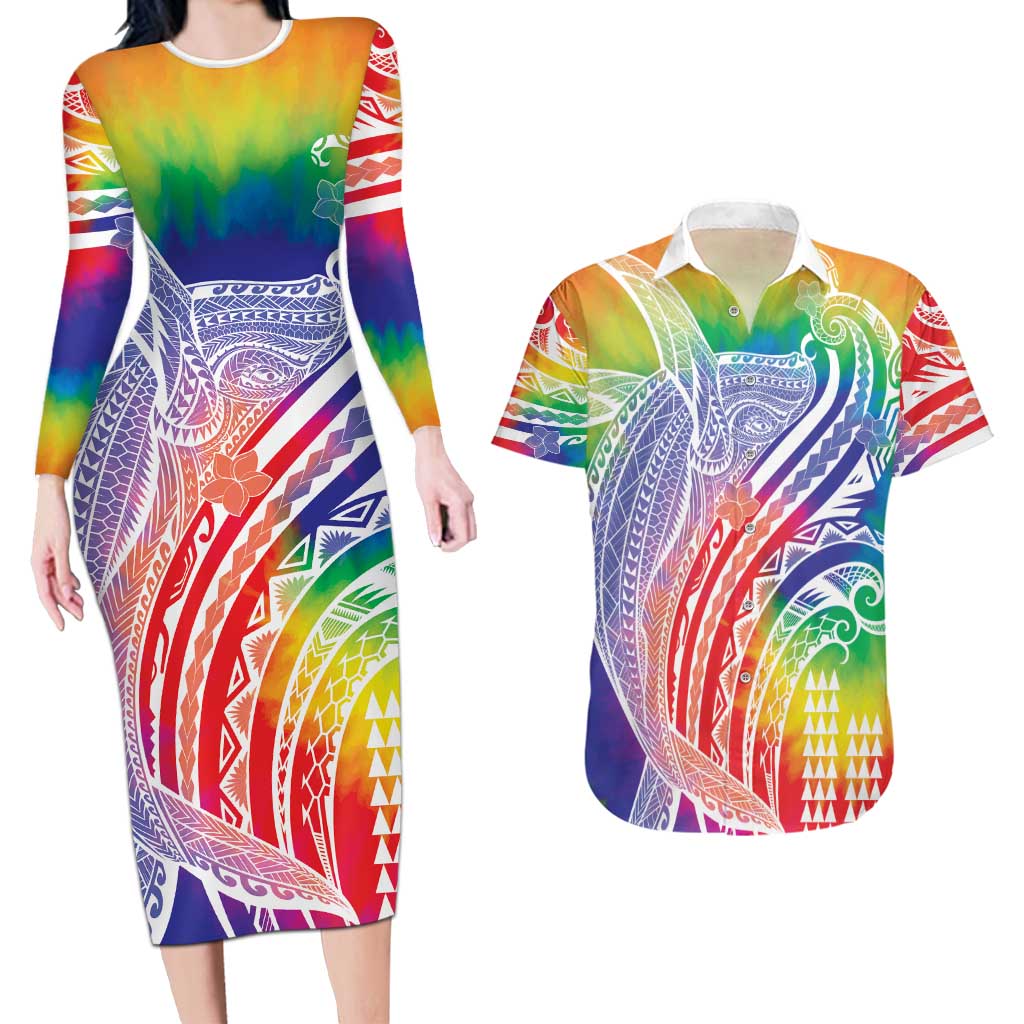 Aloha Pride Rainbow Tie Dye Couples Matching Long Sleeve Bodycon Dress and Hawaiian Shirt Humpback Whale - Love is Love LT7 Colorful - Polynesian Pride