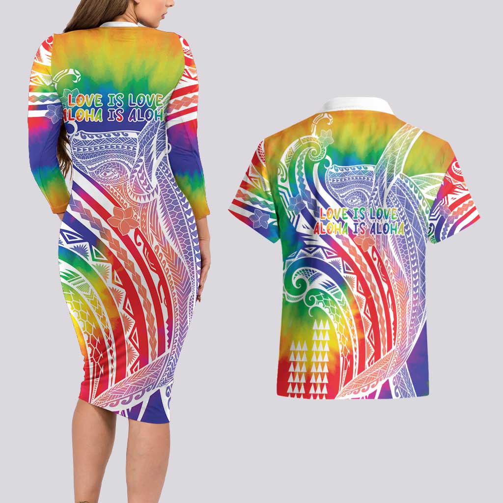 Aloha Pride Rainbow Tie Dye Couples Matching Long Sleeve Bodycon Dress and Hawaiian Shirt Humpback Whale - Love is Love LT7 - Polynesian Pride