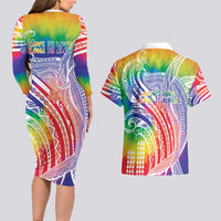 Aloha Pride Rainbow Tie Dye Couples Matching Long Sleeve Bodycon Dress and Hawaiian Shirt Humpback Whale - Love is Love LT7 - Polynesian Pride