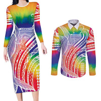 Aloha Pride Rainbow Tie Dye Couples Matching Long Sleeve Bodycon Dress and Long Sleeve Button Shirt Humpback Whale - Love is Love LT7 Colorful - Polynesian Pride